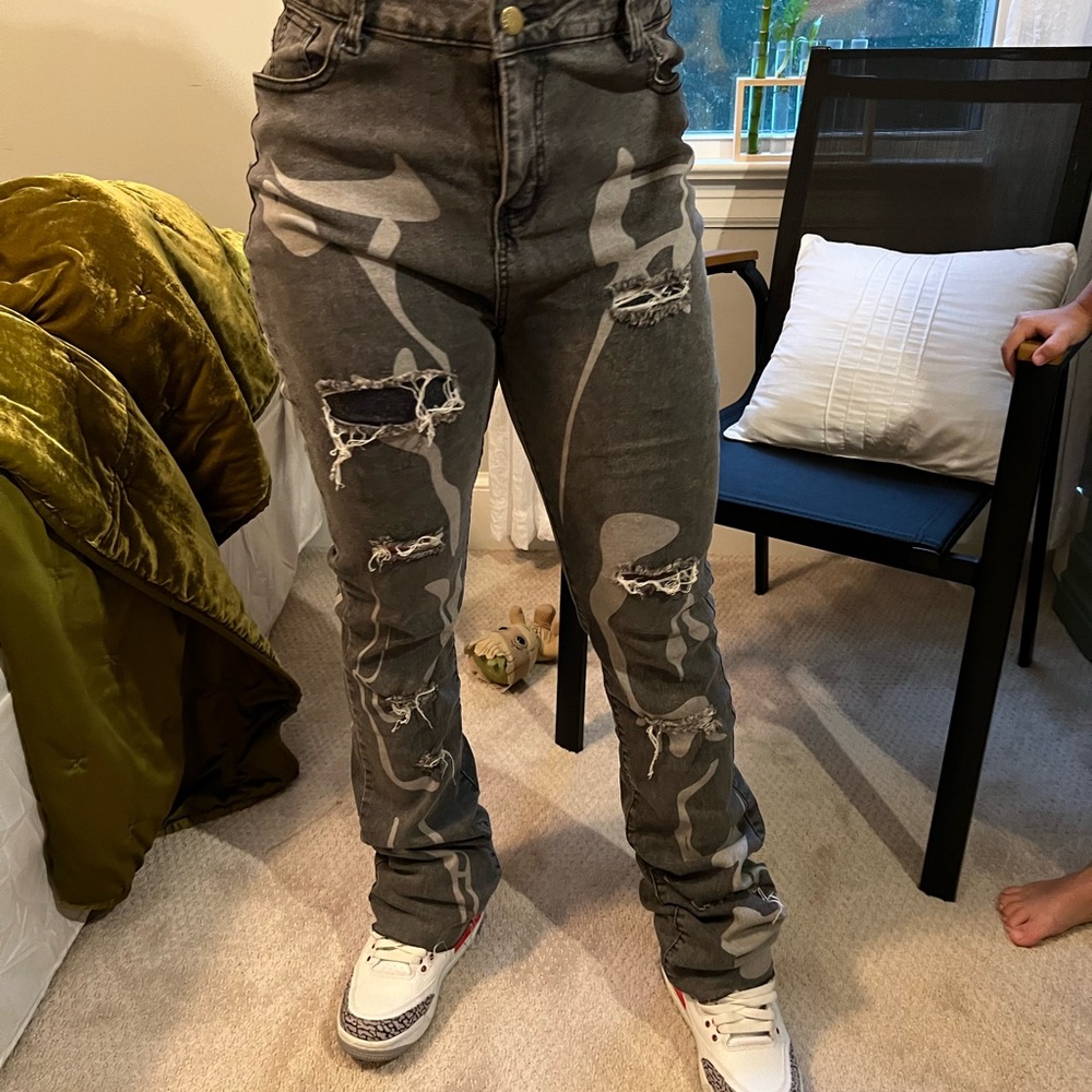 Jurllyshe Ripped Hole Graffiti Print High Waist Zipper Pocket Slim Pants Jeans